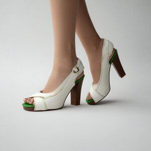 Vintage Miss Sixty White Green Chunky Peep Toe Slingback Leather Heels 39 8.5 9
